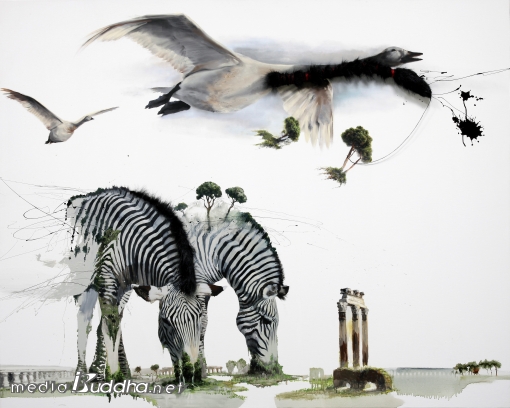 �賲ǥ, Instant Landscape 90, scratching on artificial fur & charcoal and oil on canvas, 227x181cm, 2008