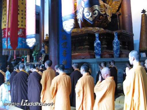 대웅전에서 예불을 올리고 있는 중국 스님들. 